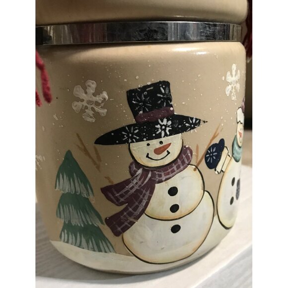 Snowman Ceramic Cannister Hinged Jar Fabric Hat & Scarf 11" Tall11 - Picture 10 of 16